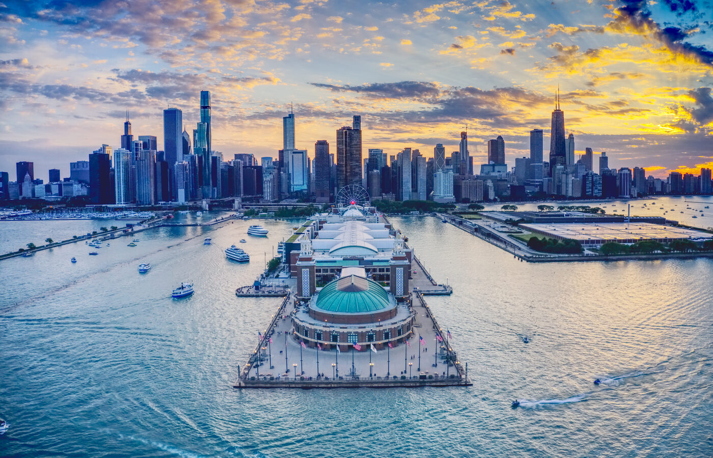 Navy Pier with Lake Michigan and the Chicago skyline